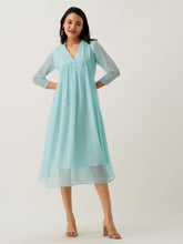 Light Blue Chiffon Brasso Swiss Dot V-Neck Dress